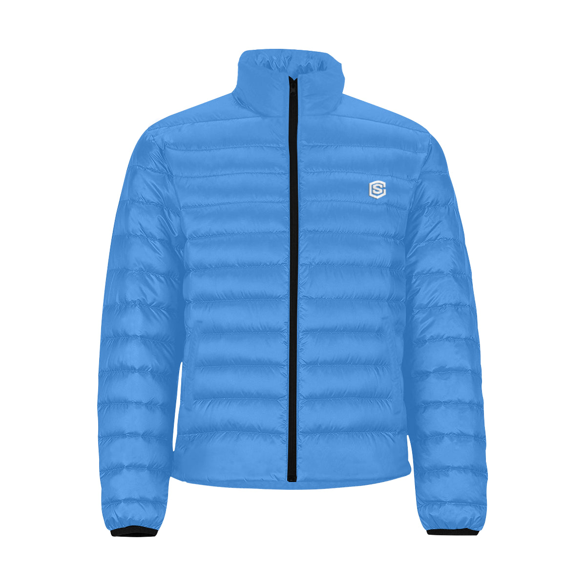 BLUE MEN'S STAND COLLAR PADDED JACKET White Logo Men's Stand Collar Padded Jacket (Model H41)