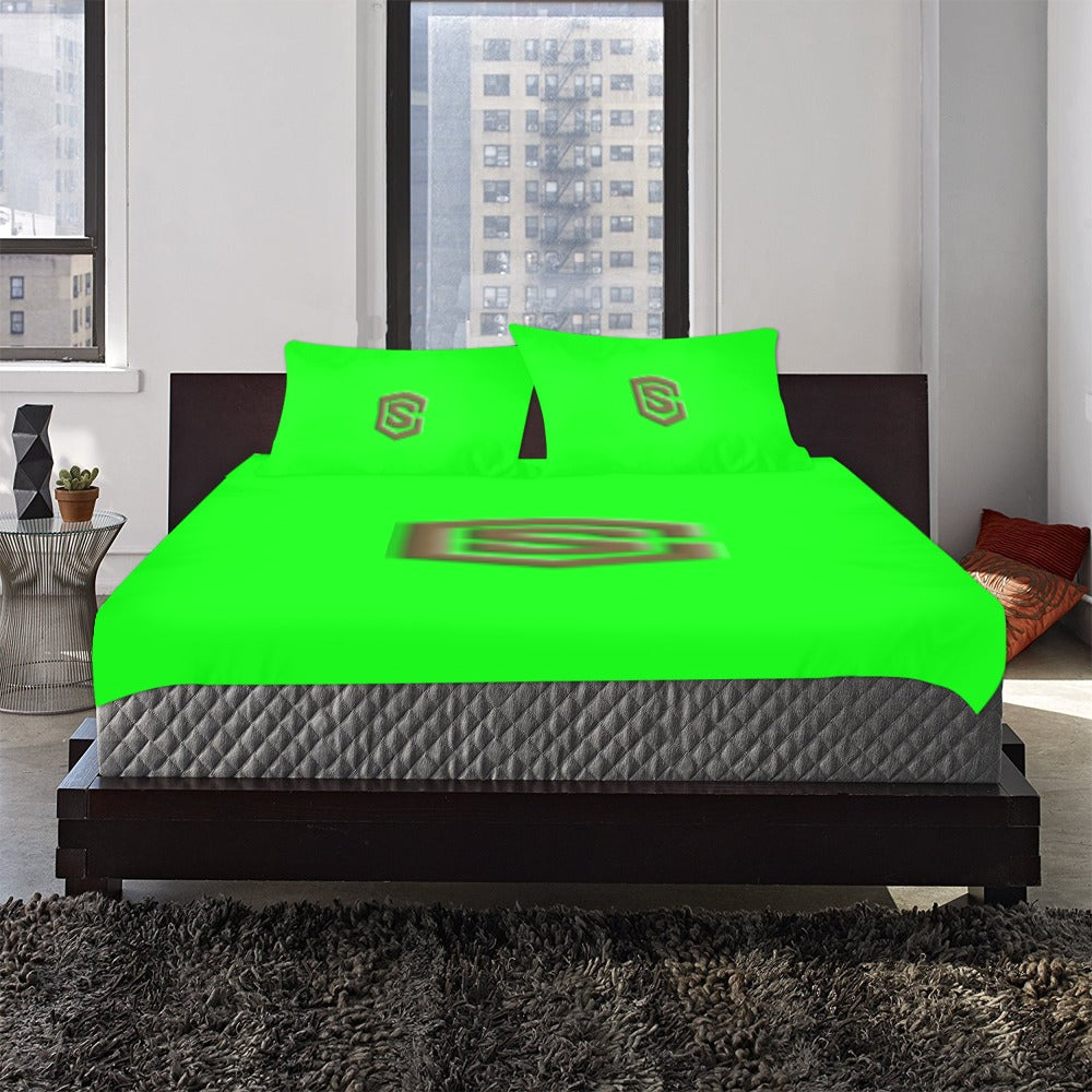 Green 3-Piece Bedding Set (1 Duvet Cover 86"x70"; 2 Pillowcases 20"x30")(One Side) wtih Brown Logo 3-Piece Bedding Set (1 Duvet Cover 86"x70"; 2 Pillowcases 20"x30")(One Side)
