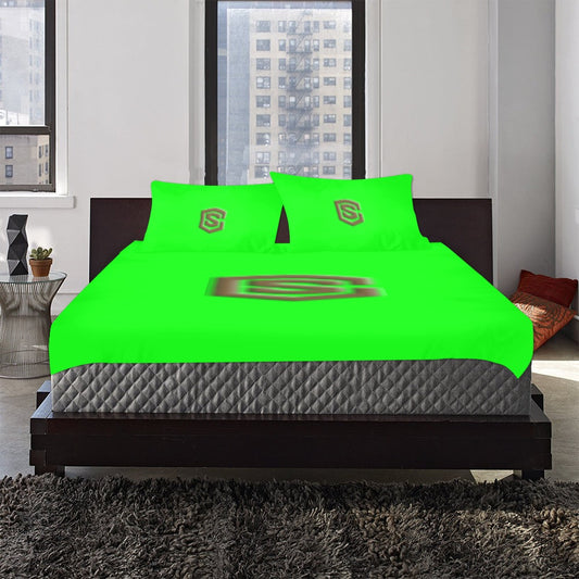 Green 3-Piece Bedding Set (1 Duvet Cover 86"x70"; 2 Pillowcases 20"x30")(One Side) wtih Brown Logo 3-Piece Bedding Set (1 Duvet Cover 86"x70"; 2 Pillowcases 20"x30")(One Side)