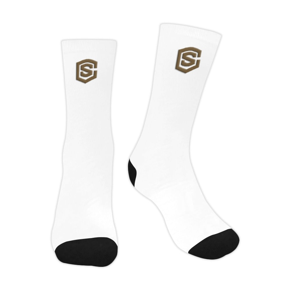 White Sublimated Crew Socks (Made In USA) with Brown Logo Sublimated Crew Socks (Made In USA)