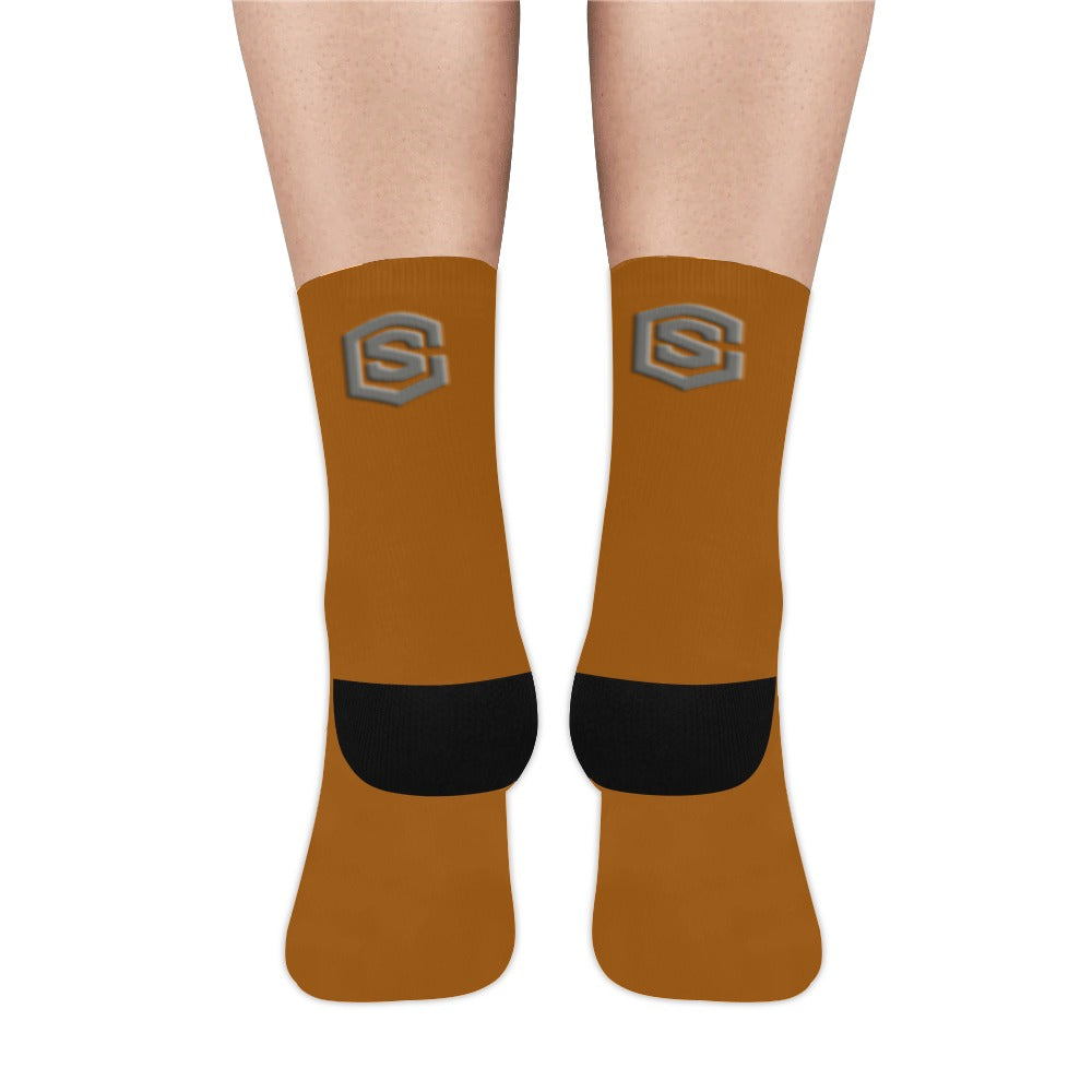 Brown Sublimated Crew Socks (Made In USA) with Gray Logo Sublimated Crew Socks (Made In USA)