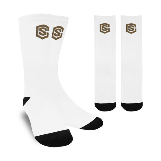 White Sublimated Crew Socks (Made In USA) with Brown Logo Sublimated Crew Socks (Made In USA)