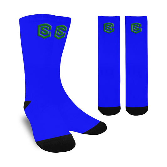 Blue Sublimated Crew Socks (Made In USA) with Green Logo Sublimated Crew Socks (Made In USA)