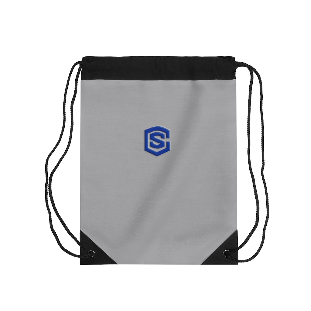 Grey Drawstring Bag Blue logo