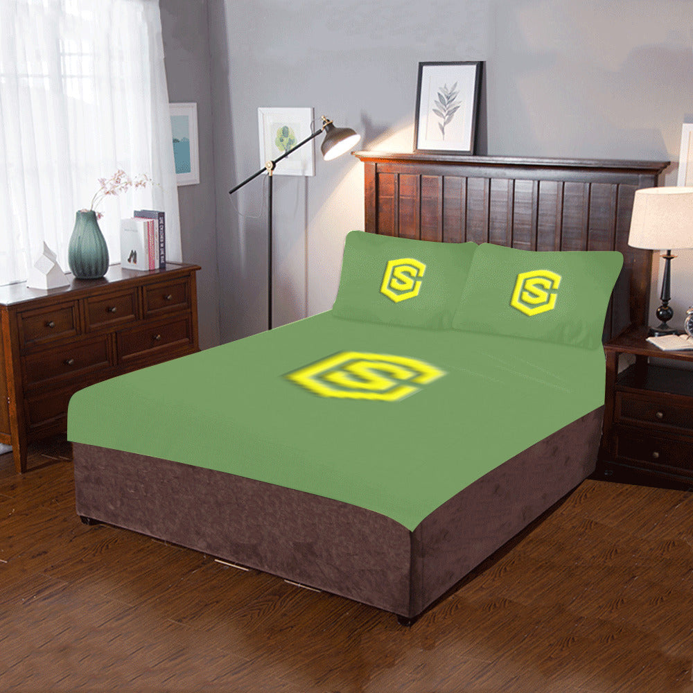 Green Duvet Cover Yellow Logo 3-Piece Bedding Set (1 Duvet Cover 86"x70"; 2 Pillowcases 20"x30")(One Side)