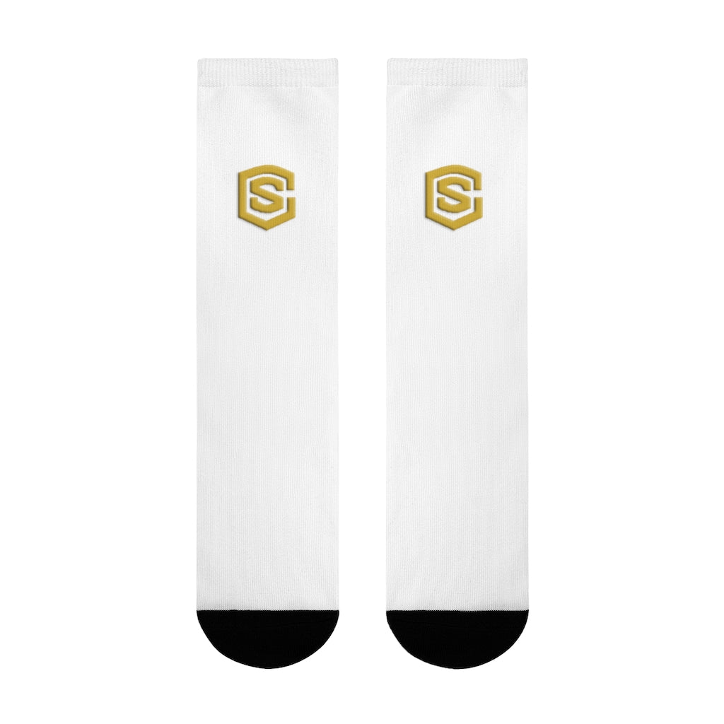 White Sublimation Crew Socks (EU) Gold Logo