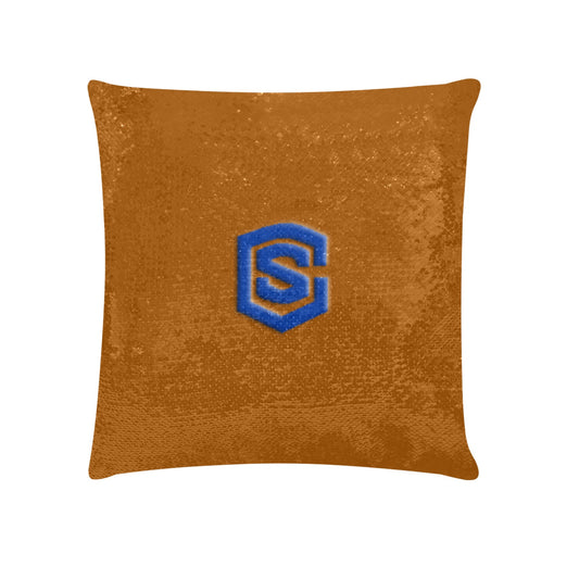 Brown Custom Sequin Pillow with Blue Logo Custom Sequin Pillow Case 18"x18"