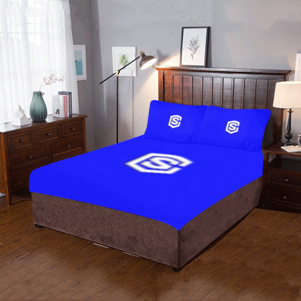 Blue 3-Piece Bedding Set (1 Duvet Cover 86"x70"; 2 Pillowcases 20"x30")(One Side) wtih White Logo 3-Piece Bedding Set (1 Duvet Cover 86"x70"; 2 Pillowcases 20"x30")(One Side)