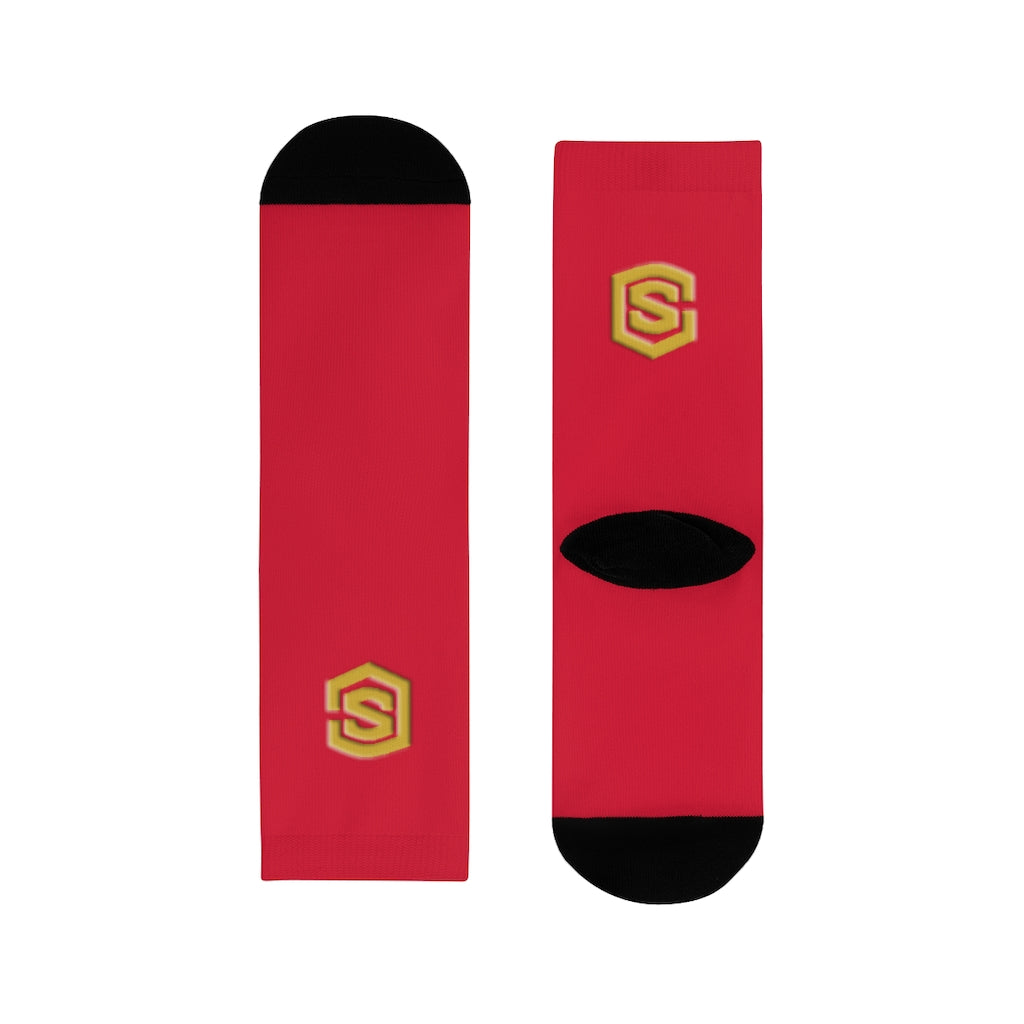 Red Sublimation Crew Socks (EU) Gold Logo