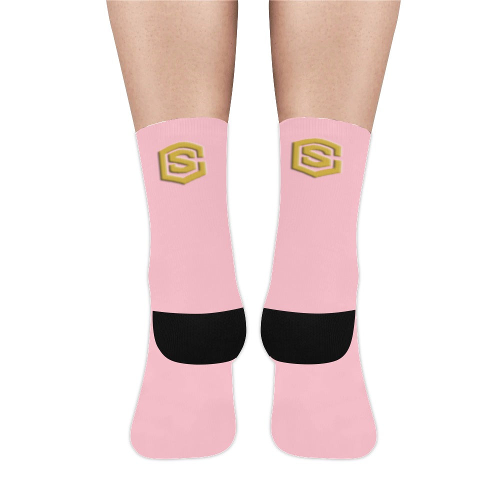 Pink Sublimated Crew Socks (Made In USA) with Gold Logo Sublimated Crew Socks (Made In USA)