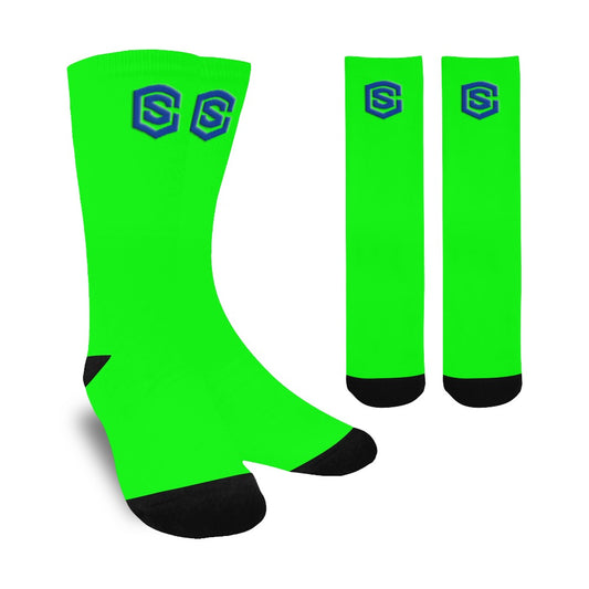 Green Sublimated Crew Socks (Made In USA) with Blue Logo Sublimated Crew Socks (Made In USA)