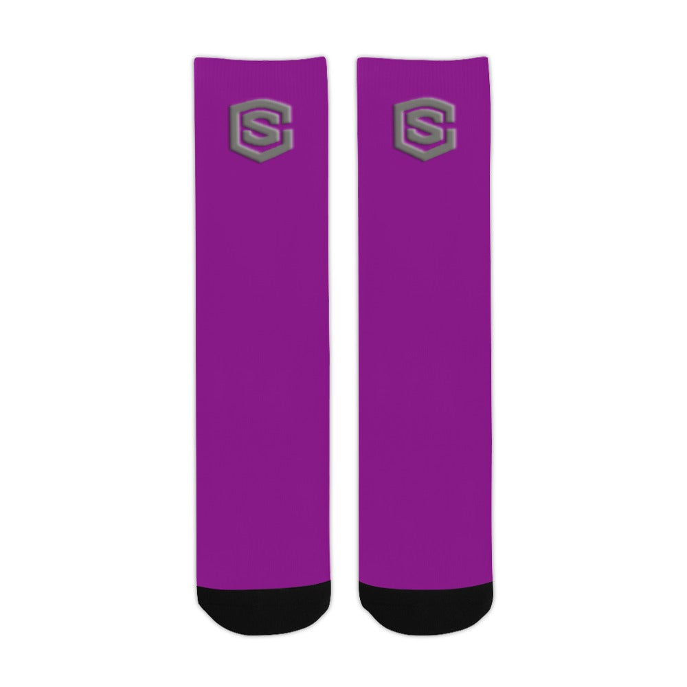 Purple Sublimated Crew Socks (Made In USA) with Gray Logo Sublimated Crew Socks (Made In USA)