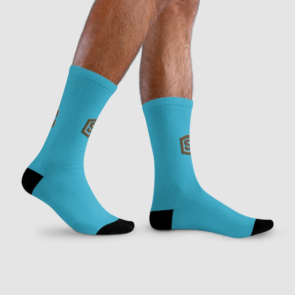 Blue Sublimation Crew Socks (EU) Brown Logo