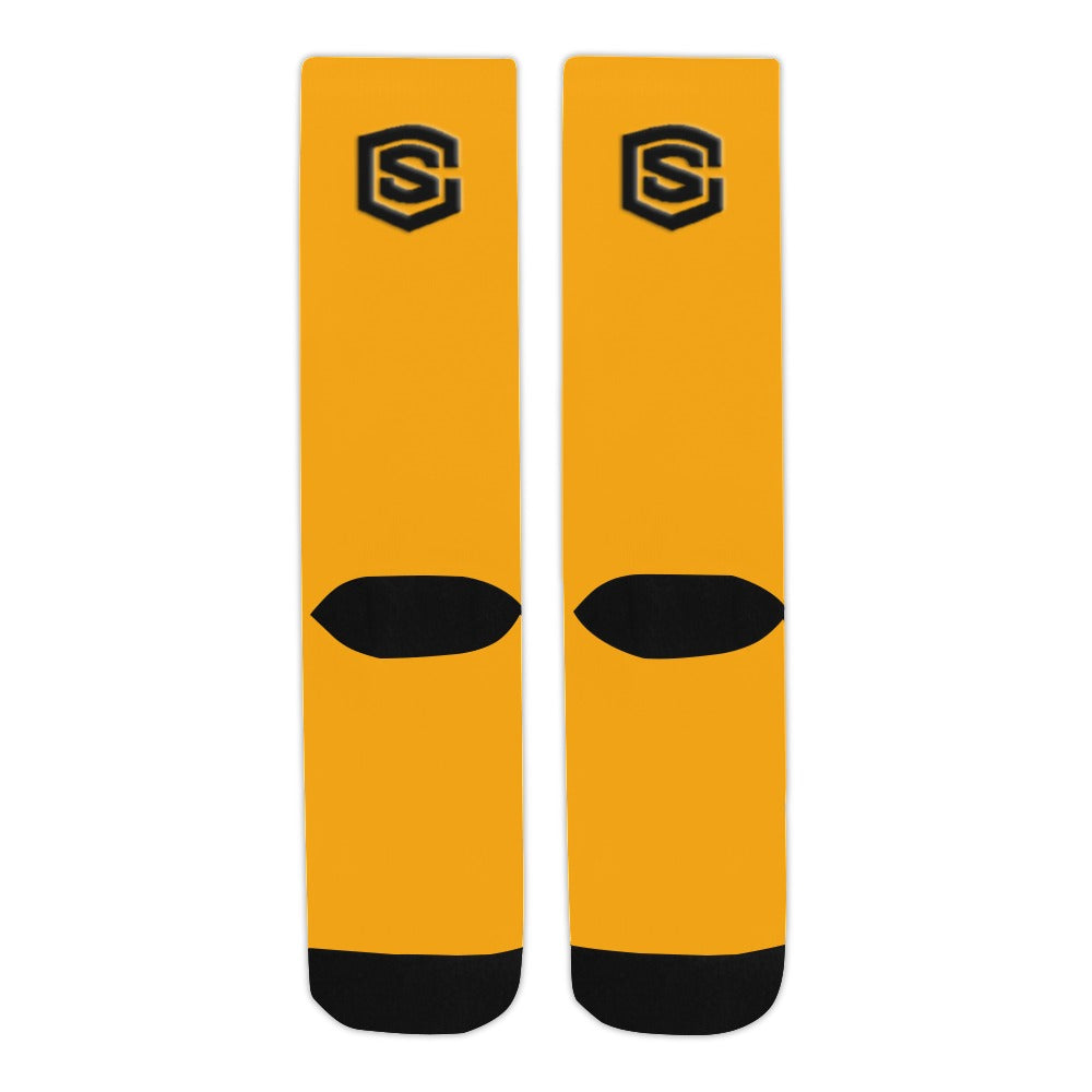 Orange Sublimated Crew Socks (Made In USA) with Black Logo Sublimated Crew Socks (Made In USA)