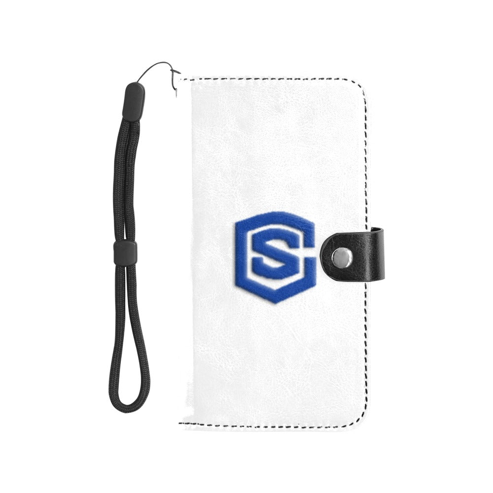 White Flip Leather Purse for Mobile Phone(Model1703)(Large) with Blue Logo Flip Leather Purse for Mobile Phone(Model1703)(Large)