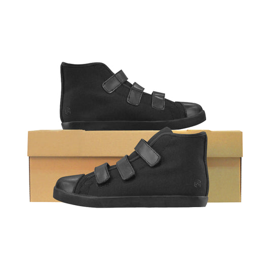 BLACK CANVAS KID SHOES black logo Velcro High Top Canvas Kid's Shoes (Model 015)