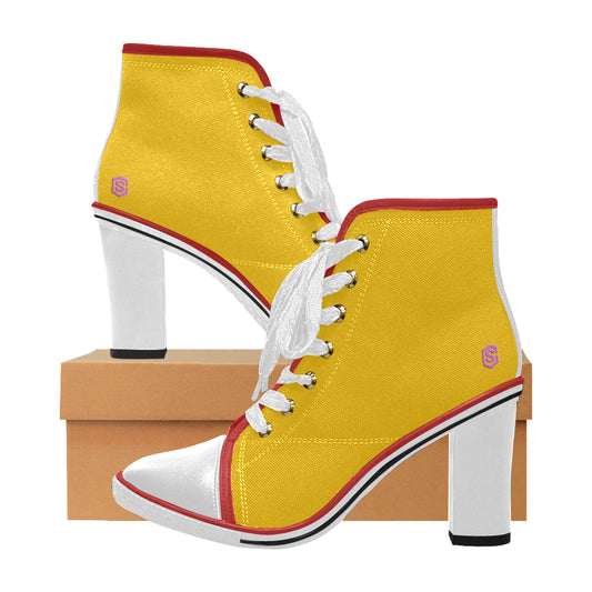 pink logo Women's Lace Up Chunky Heel Ankle Booties (Model 054)