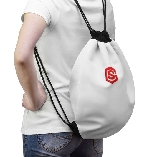 White Drawstring Bag Red logo