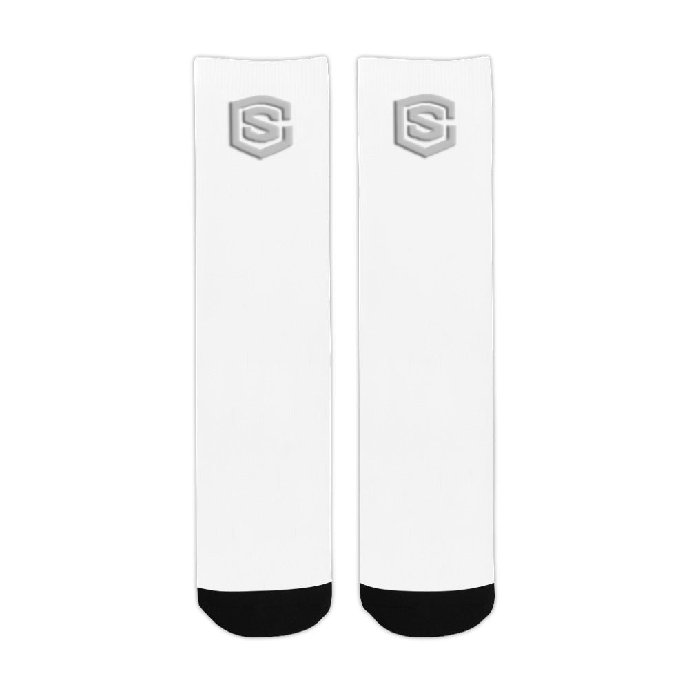 White Sublimated Crew Socks (Made In USA) with Silver Logo Sublimated Crew Socks (Made In USA)