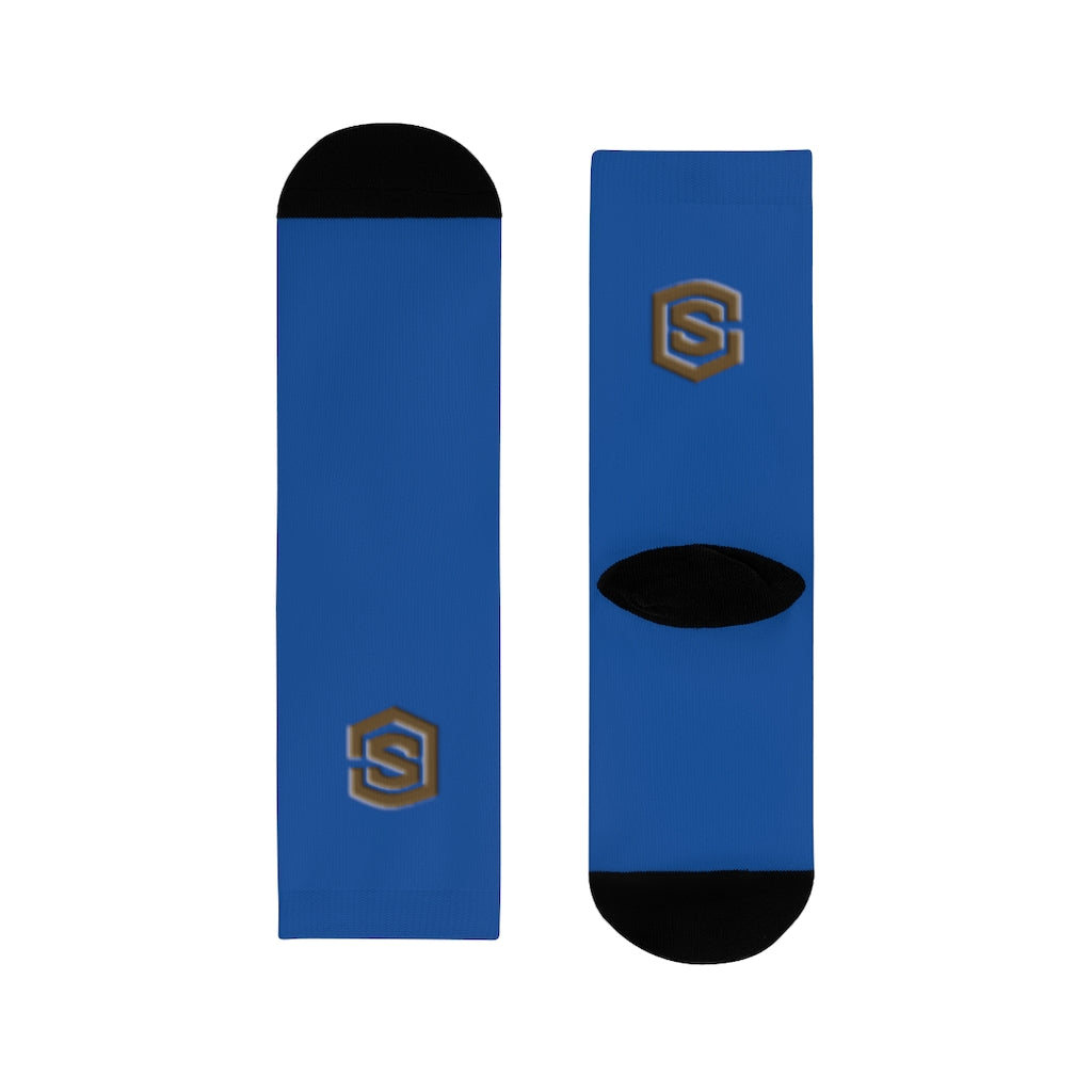 Blue Sublimation Crew Socks (EU) Brown Logo