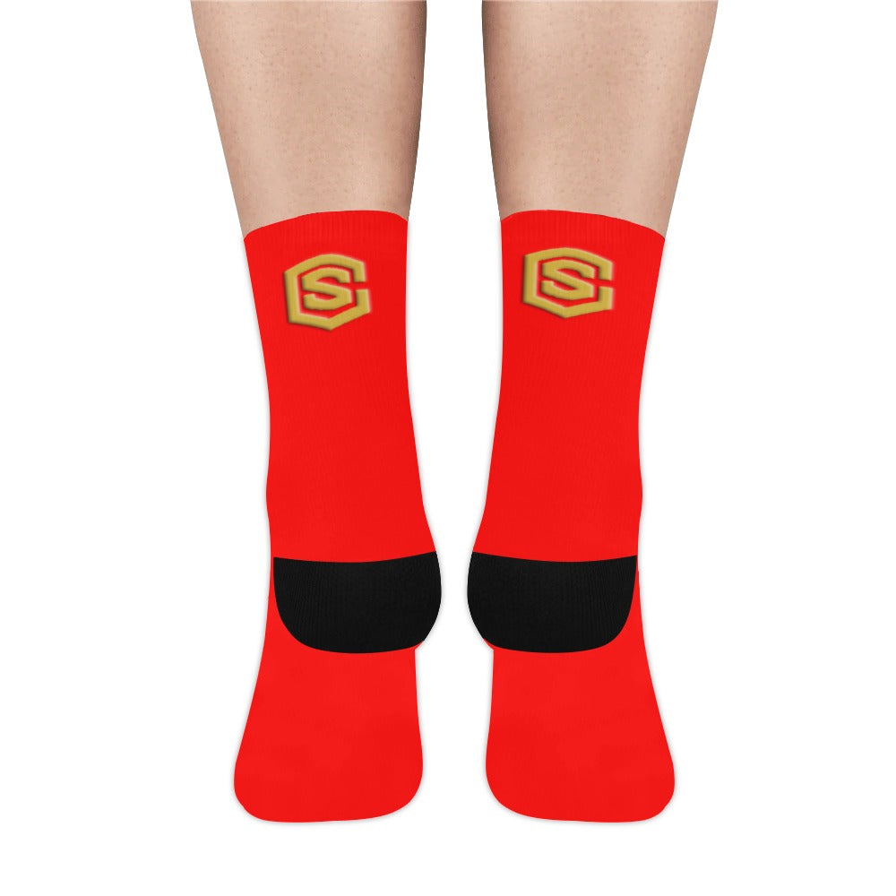 Red Sublimated Crew Socks (Made In USA) with Gold Logo Sublimated Crew Socks (Made In USA)