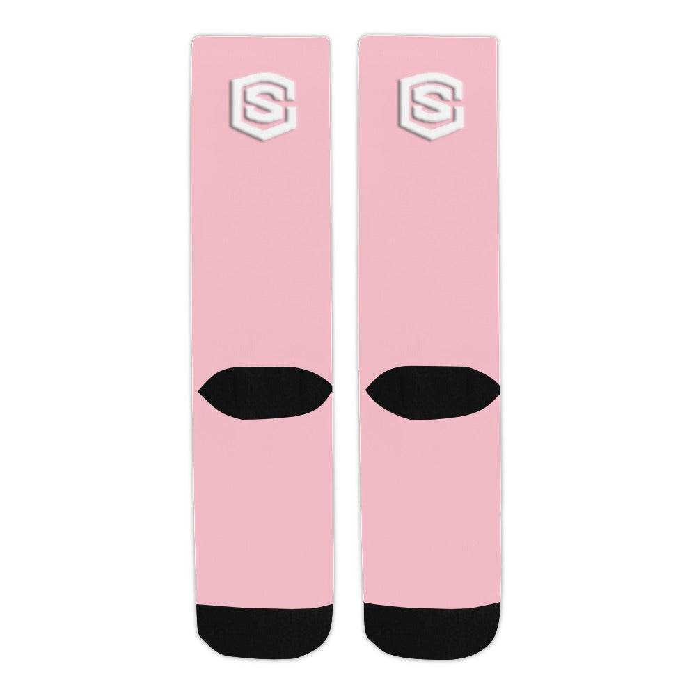 Pink Sublimated Crew Socks (Made In USA) with White Logo Sublimated Crew Socks (Made In USA)