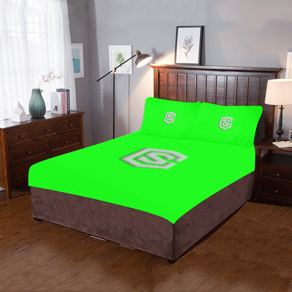 Green 3-Piece Bedding Set (1 Duvet Cover 86"x70"; 2 Pillowcases 20"x30")(One Side) wtih Silver Logo 3-Piece Bedding Set (1 Duvet Cover 86"x70"; 2 Pillowcases 20"x30")(One Side)