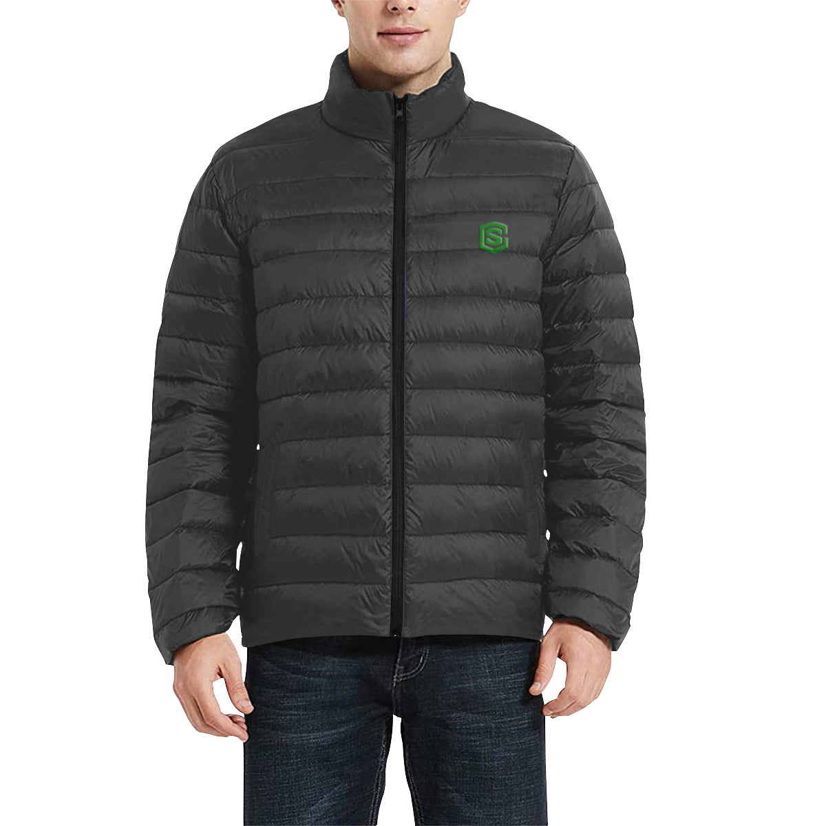 Green Logo Men's Stand Collar Padded Jacket (Model H41)