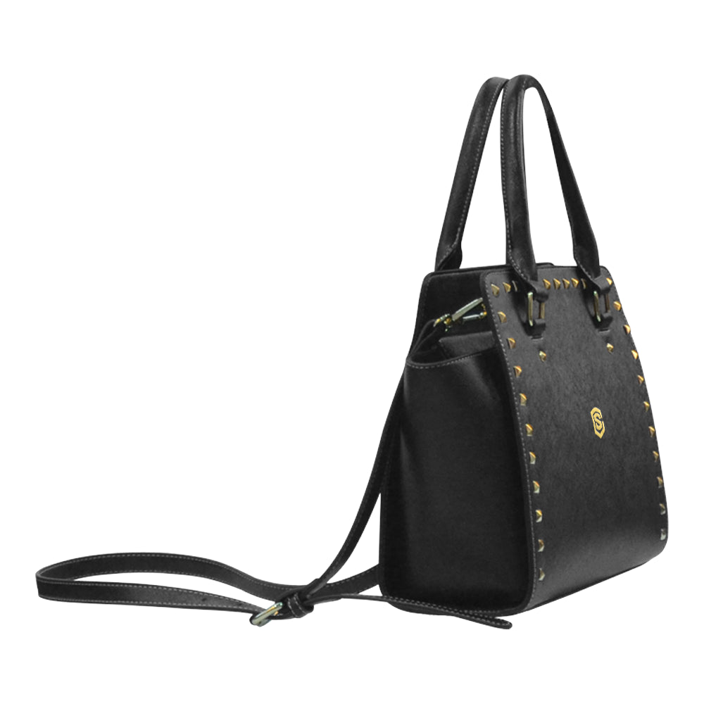 BLACK RIVET SHOULDER HANDBAG gold logo Rivet Shoulder Handbag (Model 1645)