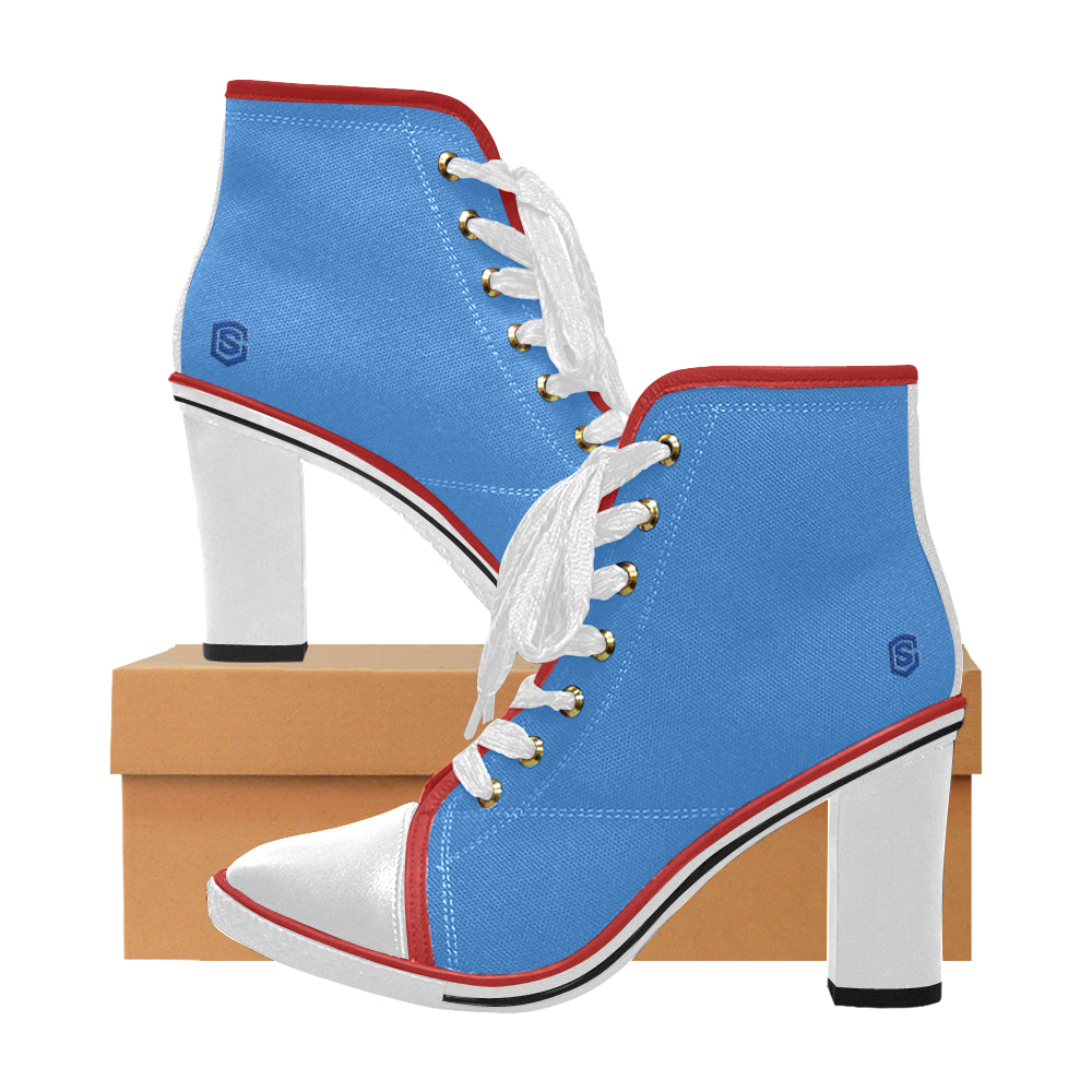 blue logo Women's Lace Up Chunky Heel Ankle Booties (Model 054)