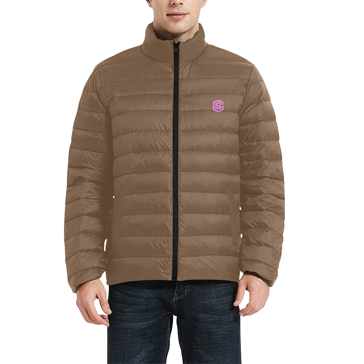 Pink Logo Men's Stand Collar Padded Jacket (Model H41)