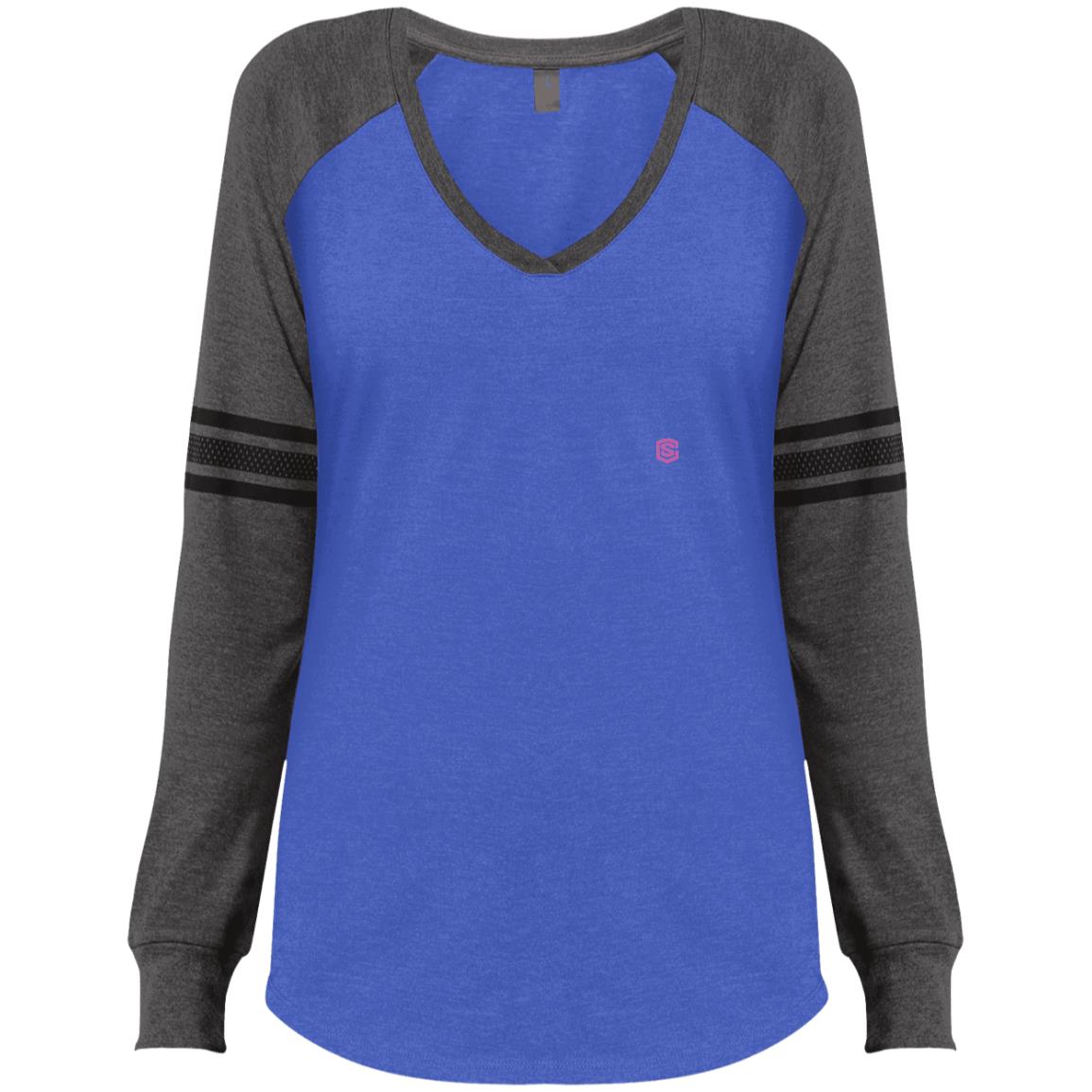Illustrator Pink Logo DM477 Ladies' Game LS V-Neck T-Shirt