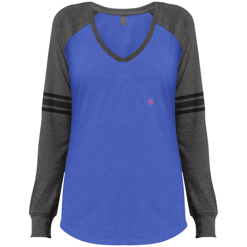 Illustrator Pink Logo DM477 Ladies' Game LS V-Neck T-Shirt