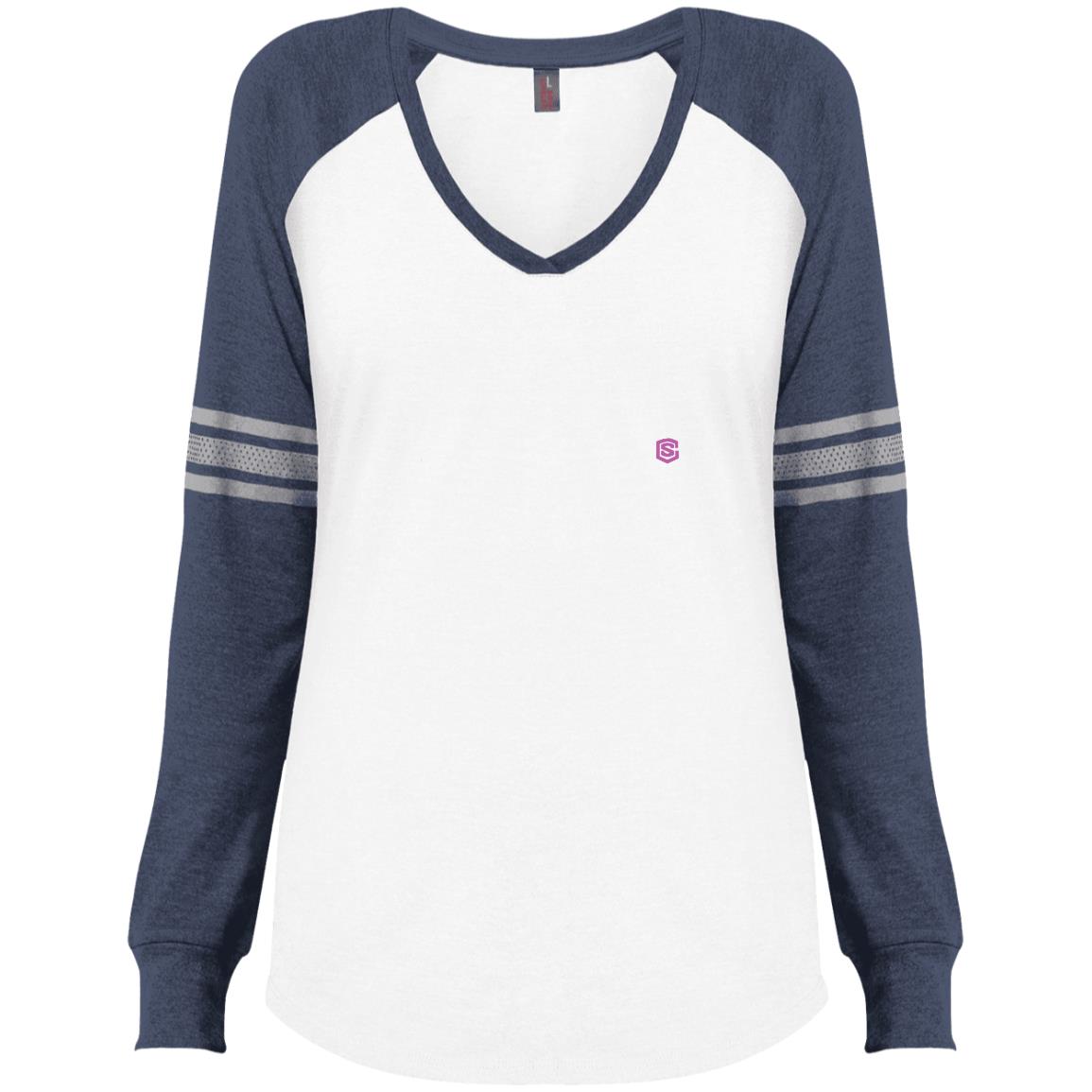 Illustrator Pink Logo DM477 Ladies' Game LS V-Neck T-Shirt