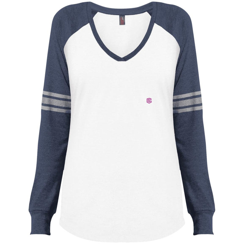 Illustrator Pink Logo DM477 Ladies' Game LS V-Neck T-Shirt