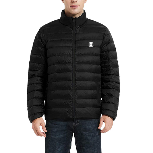 BLACK MEN'S STAND COLLAR PADDED JACKET WHITE Logo Men's Stand Collar Padded Jacket (Model H41)