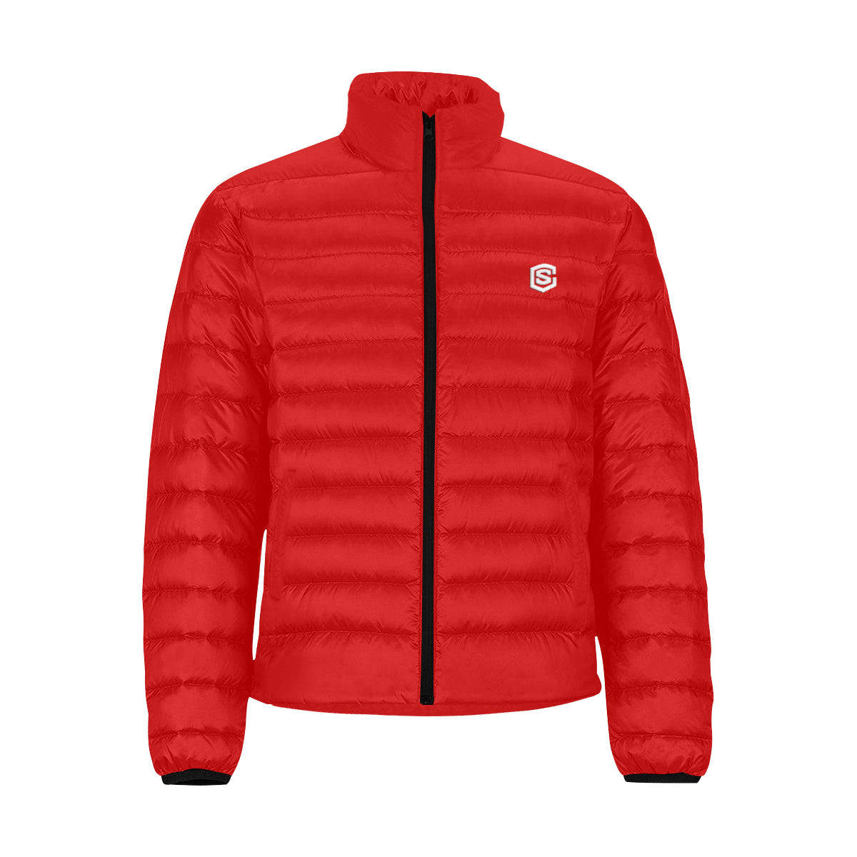 RED MEN'S STAND COLLAR PADDED JACKET White Logo Men's Stand Collar Padded Jacket (Model H41)