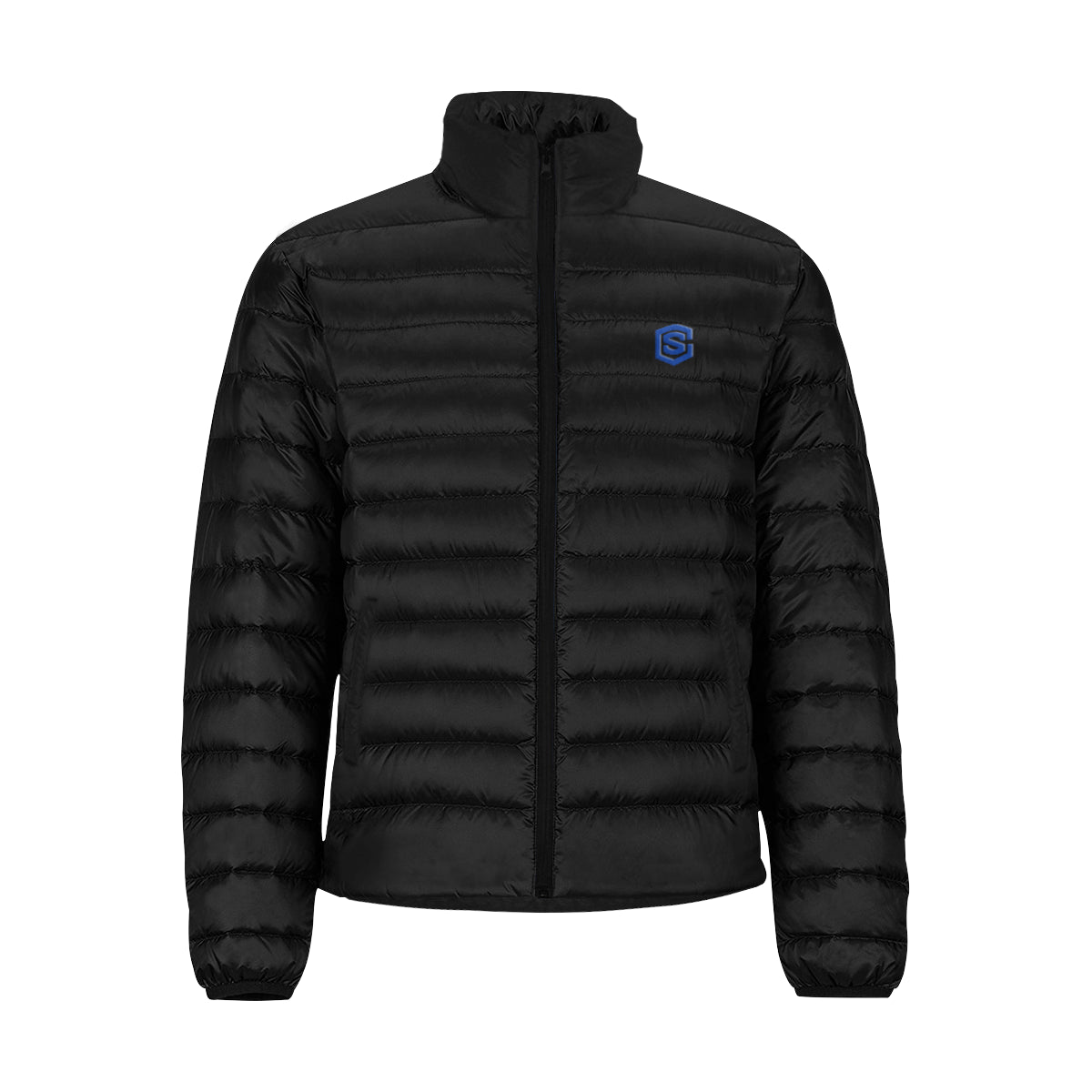 BLACK MEN'S STAND COLLAR PADDED JACKET Blue Logo Men's Stand Collar Padded Jacket (Model H41)
