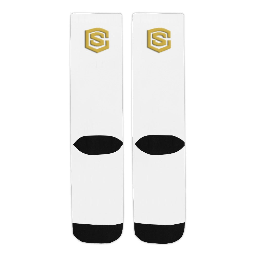 White Sublimated Crew Socks (Made In USA) with Gold Logo Sublimated Crew Socks (Made In USA)