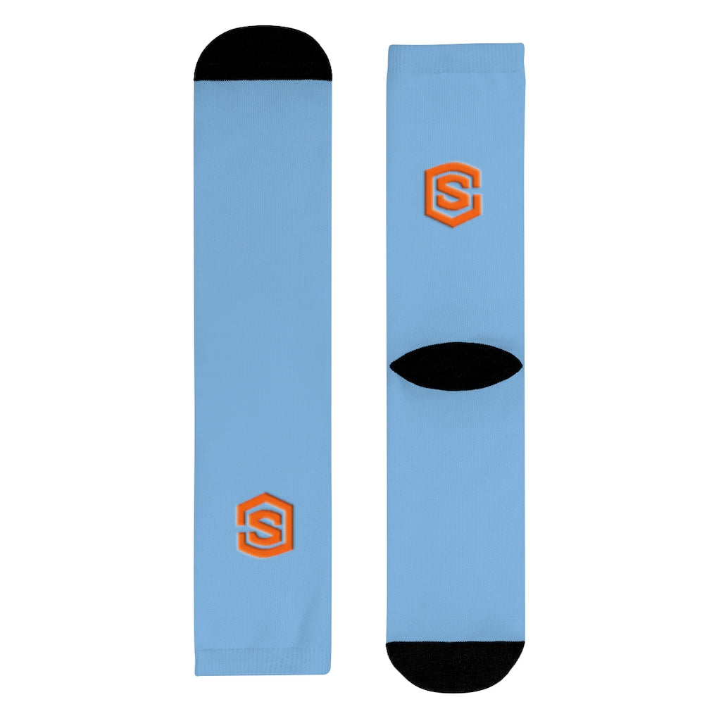 Blue Sublimation Crew Socks (EU) Orange Logo
