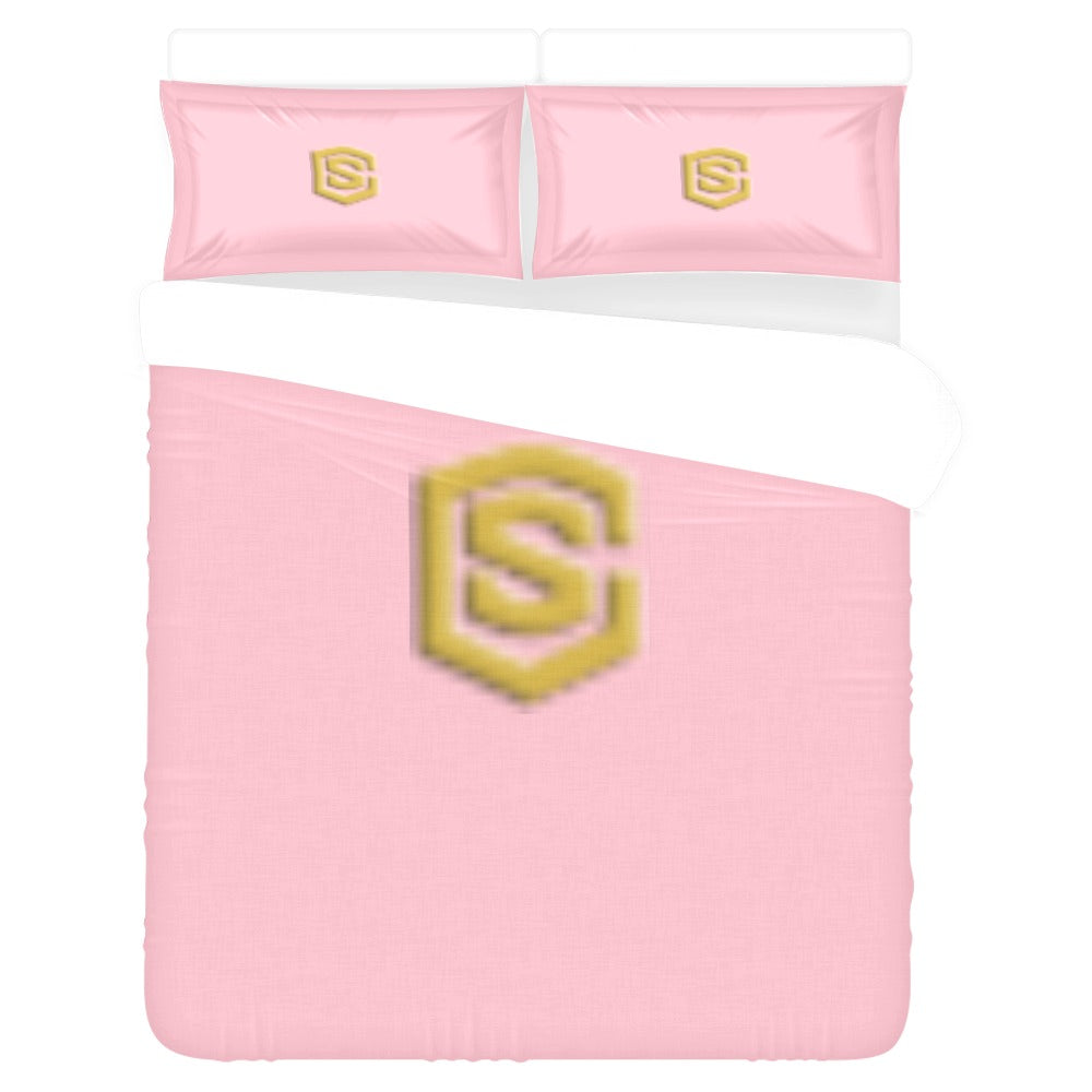 Pink 3-Piece Bedding Set (1 Duvet Cover 86"x70"; 2 Pillowcases 20"x30")(One Side) wtih Gold Logo 3-Piece Bedding Set (1 Duvet Cover 86"x70"; 2 Pillowcases 20"x30")(One Side)