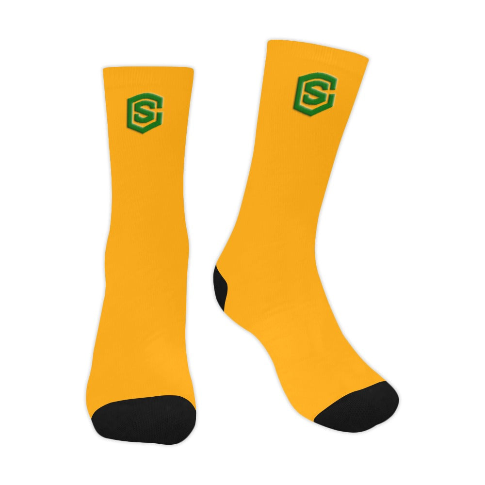 Orange Sublimated Crew Socks (Made In USA) with Green Logo Sublimated Crew Socks (Made In USA)