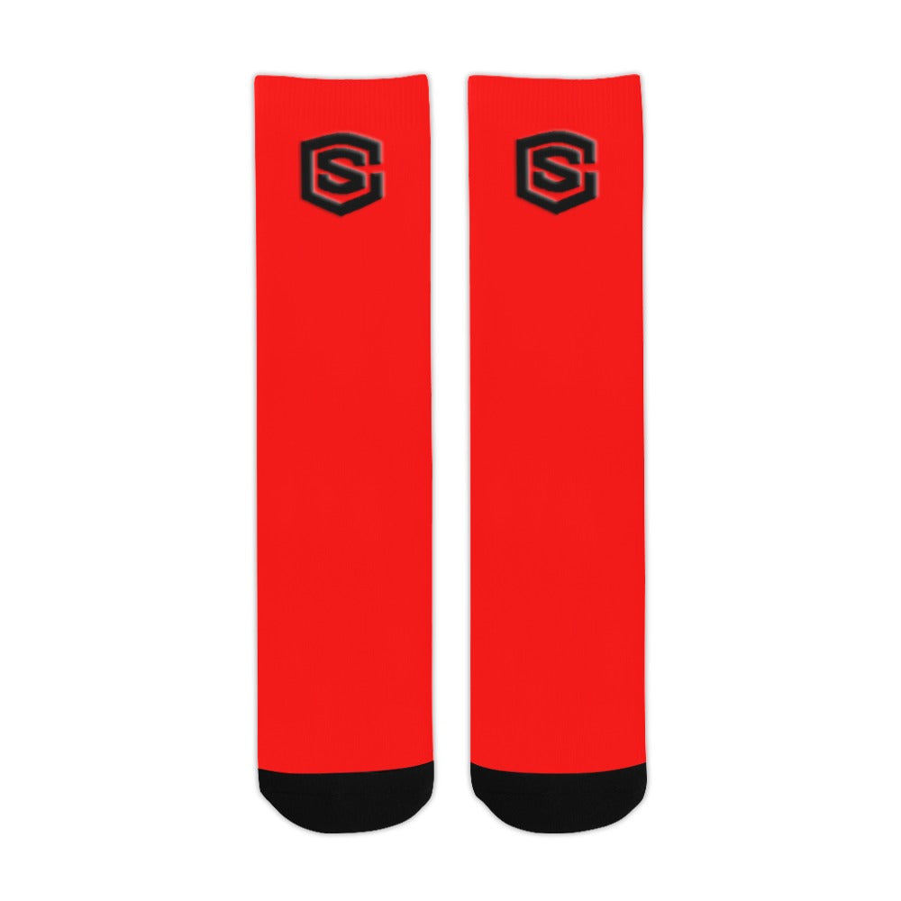 Red Sublimated Crew Socks (Made In USA) with Black Logo Sublimated Crew Socks (Made In USA)