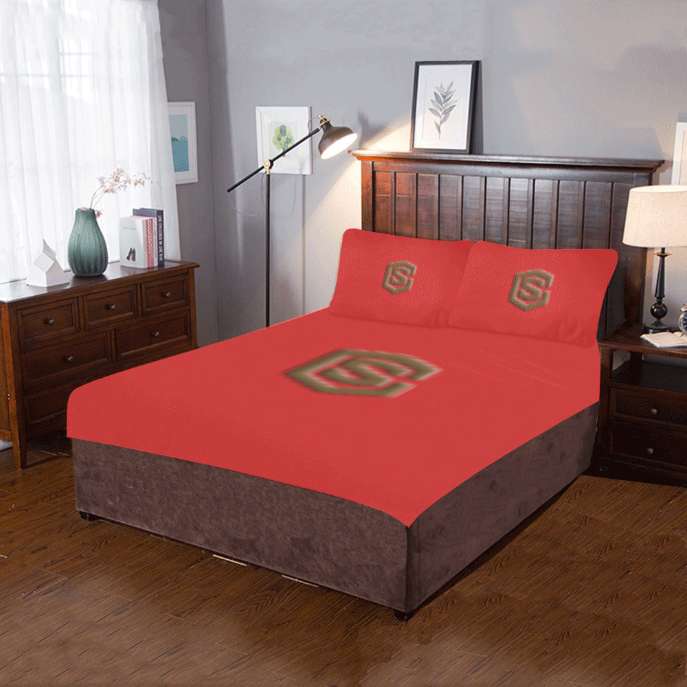 Red Duvet Cover Brown Logo 3-Piece Bedding Set (1 Duvet Cover 86"x70"; 2 Pillowcases 20"x30")(One Side)