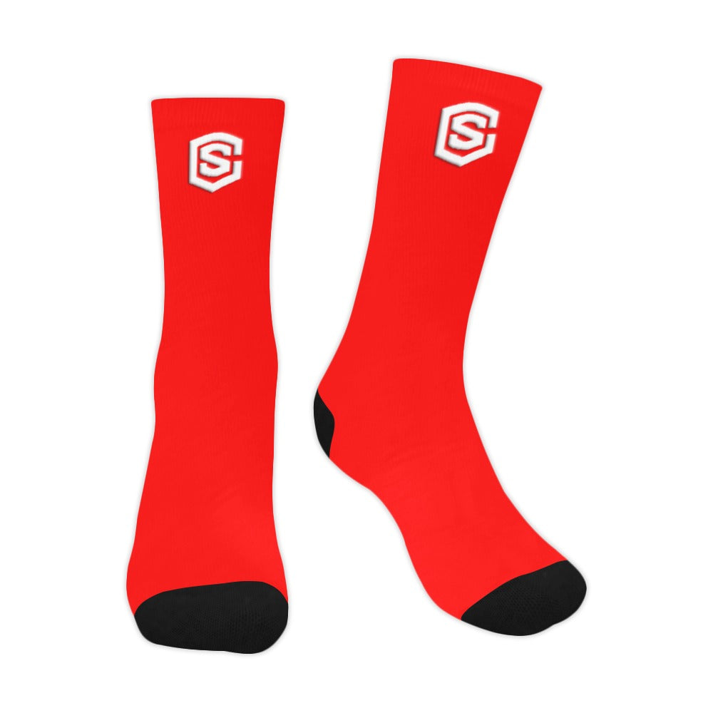 Red Sublimated Crew Socks (Made In USA) with White Logo Sublimated Crew Socks (Made In USA)