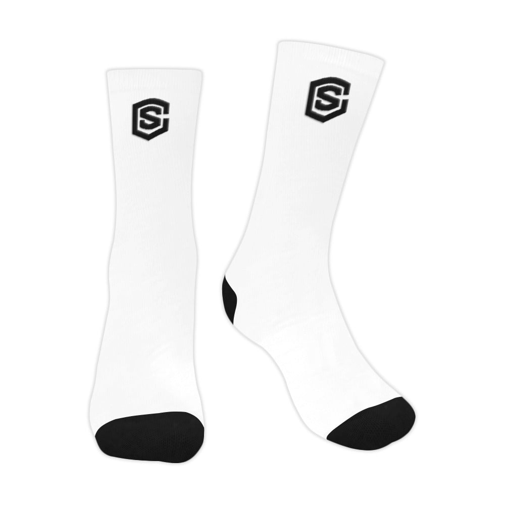 White Sublimated Crew Socks (Made In USA) with Black Logo Sublimated Crew Socks (Made In USA)