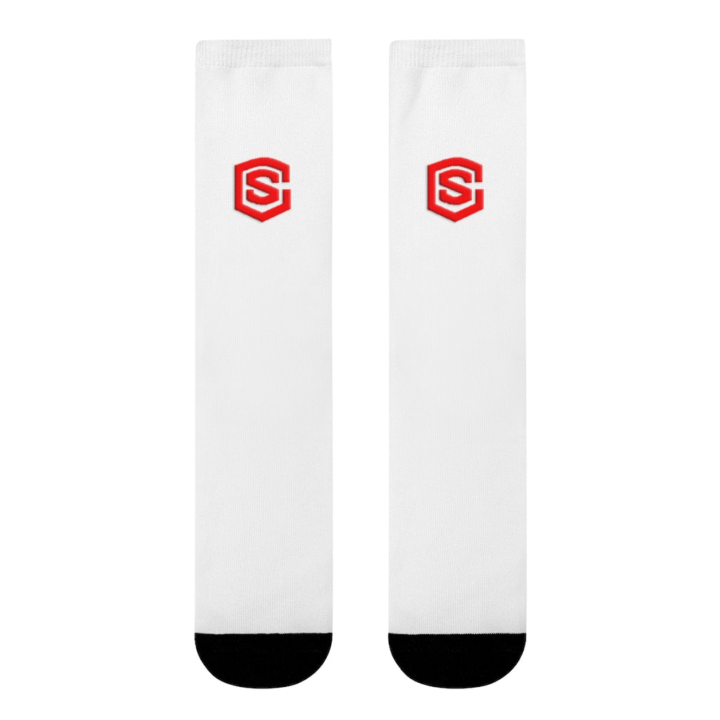 White Sublimation Crew Socks (EU) Red Logo