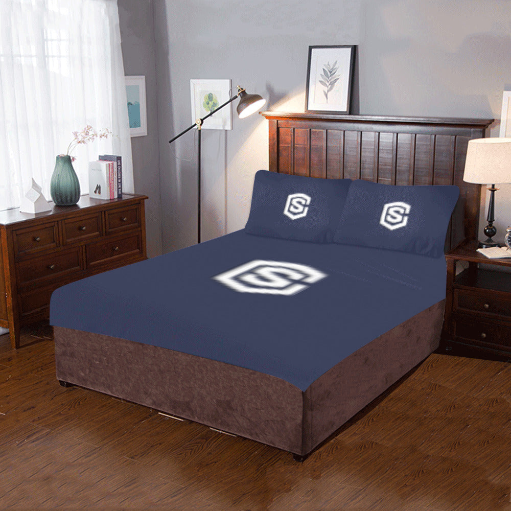 Blue Duvet Cover White Logo 3-Piece Bedding Set (1 Duvet Cover 86"x70"; 2 Pillowcases 20"x30")(One Side)