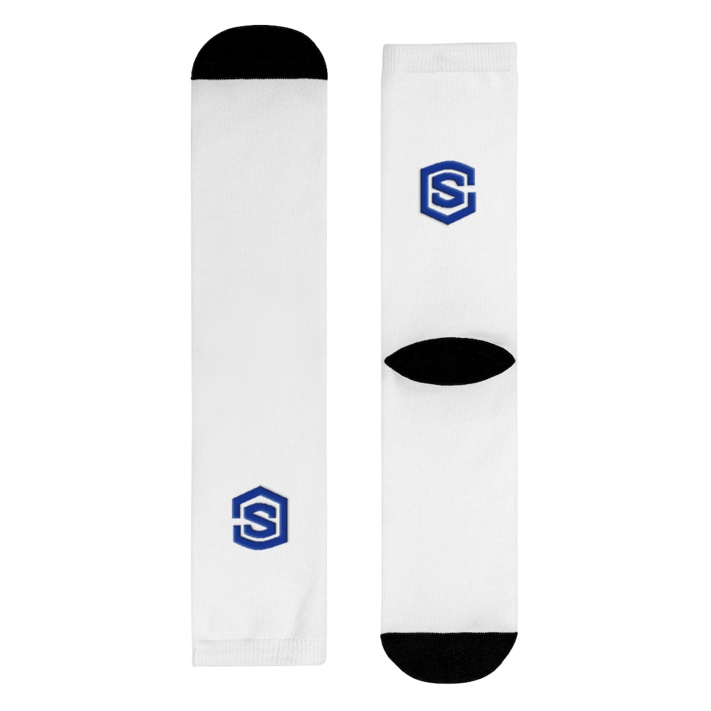 white Sublimation Crew Socks (EU) Blue Logo