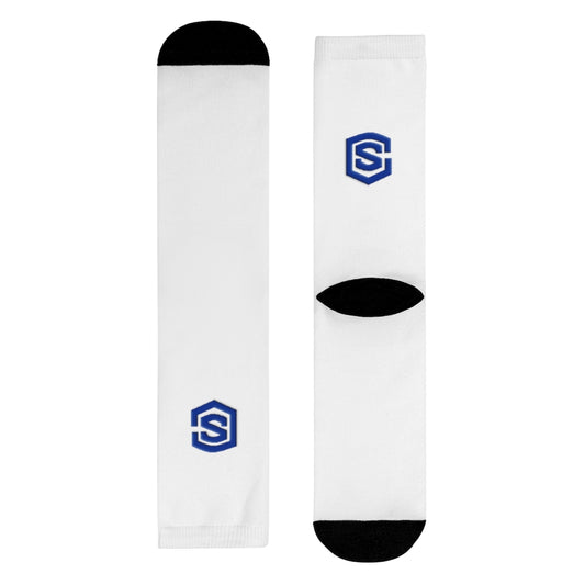white Sublimation Crew Socks (EU) Blue Logo